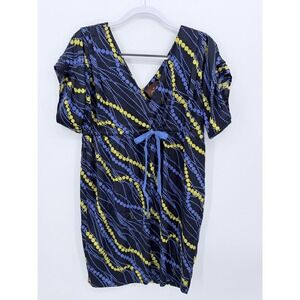 Prairie New York Dress Womens Small Navy Blue Silk Blend Beaded Print V-Neck Tie